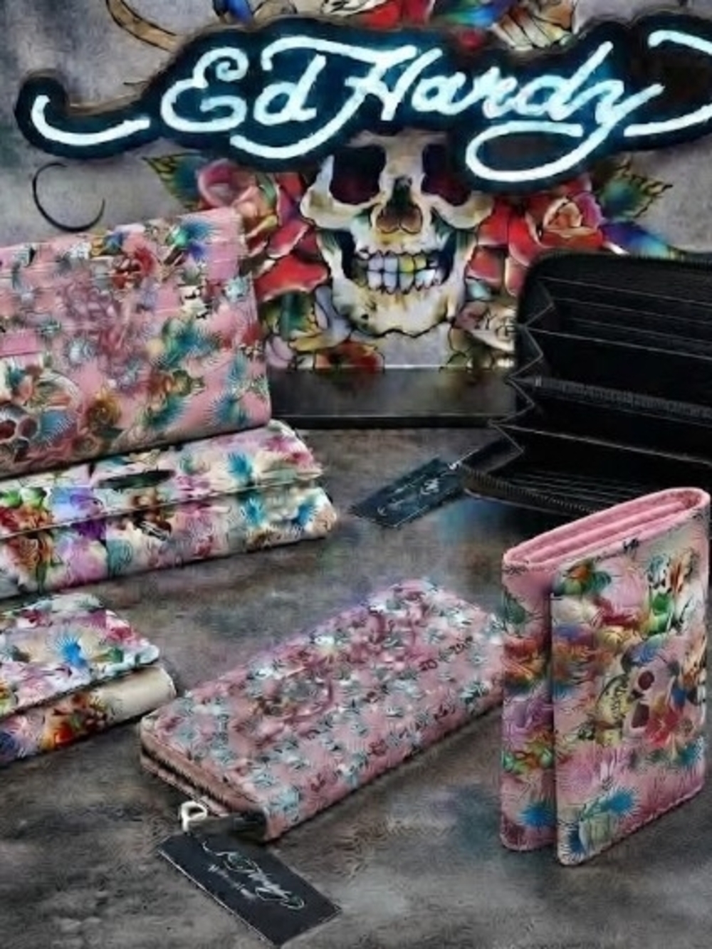 Ed Hardy Floral Feather Print Wristlet & White Tattoo Print Wallet CHOOSE ONE